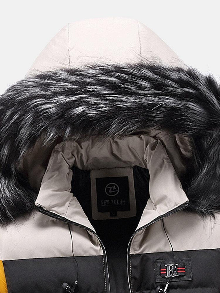 Mens Side Letter Pattern Side Pocket Thicken Fur Removable Hooded Down Jacket - Trendha
