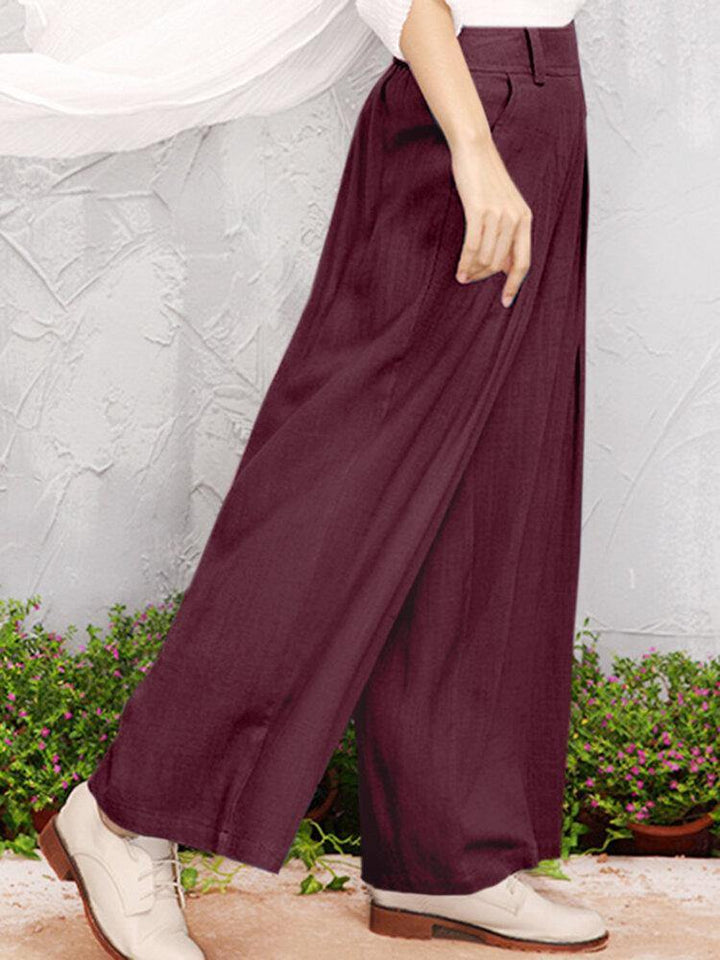 Wide-legged Elastic Waist Solid Color Pants With Side Pockets - Trendha