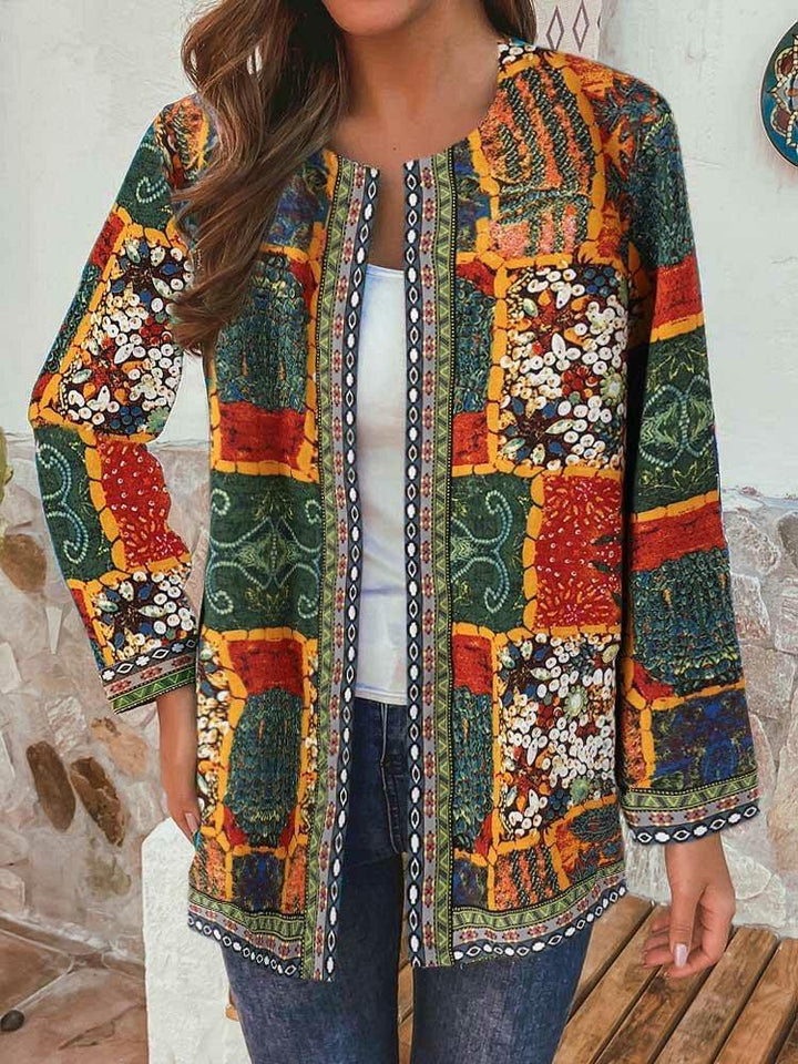 Ethnic Style Floral Print Patchwork Long Sleeve Vintage Coats With Pockets - Trendha