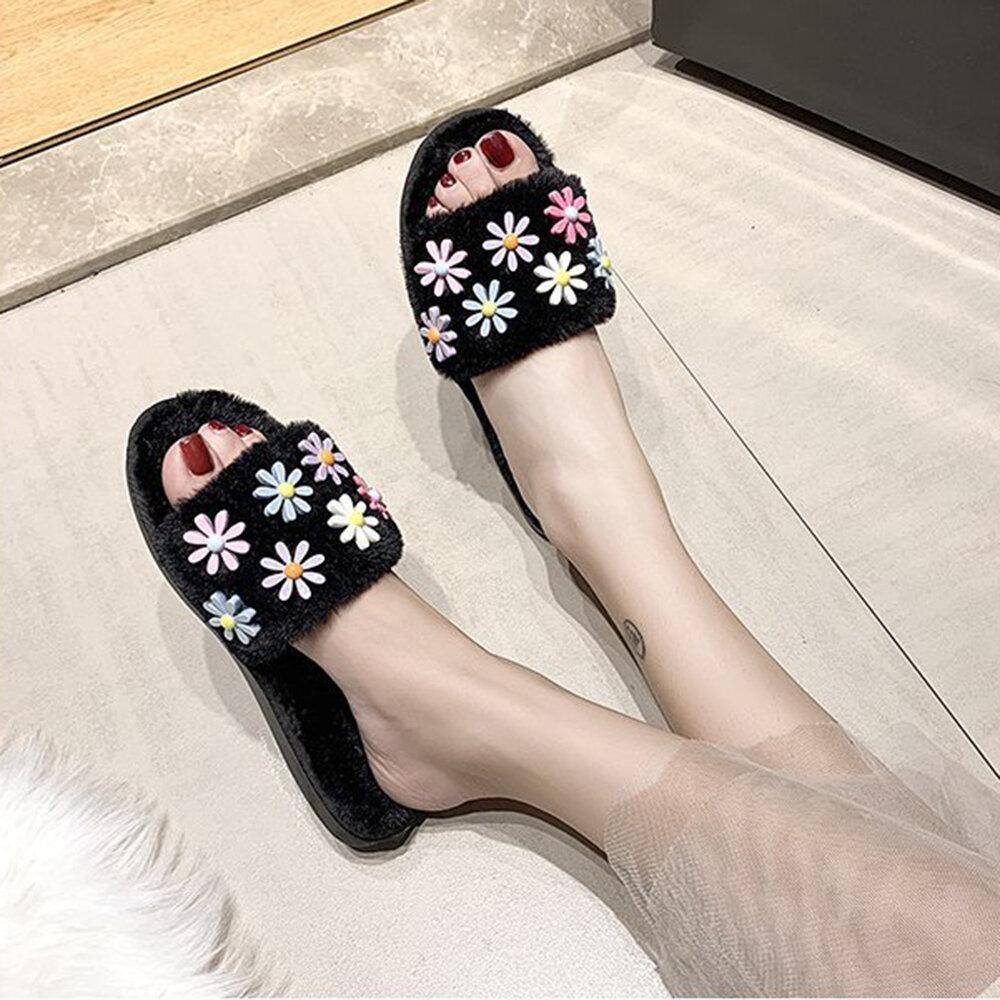 Women Flower Decor Non Slip Plush Cotton Slippers - Trendha