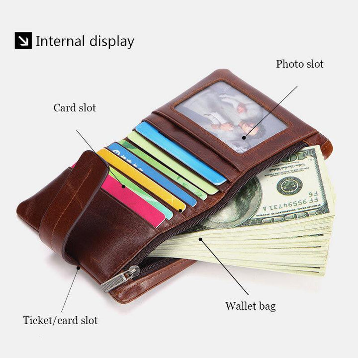Men Genuine Leather Retro Zipper Cowhide Multi-slot Card Holder Wallet - Trendha