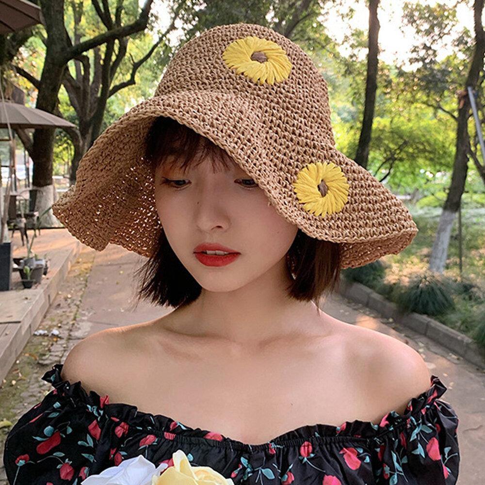 Women Straw Floral Solid Color Elegant Sunflower Big Brim Visor Sun Protection Hat Beach Hat Bucket Hat - Trendha