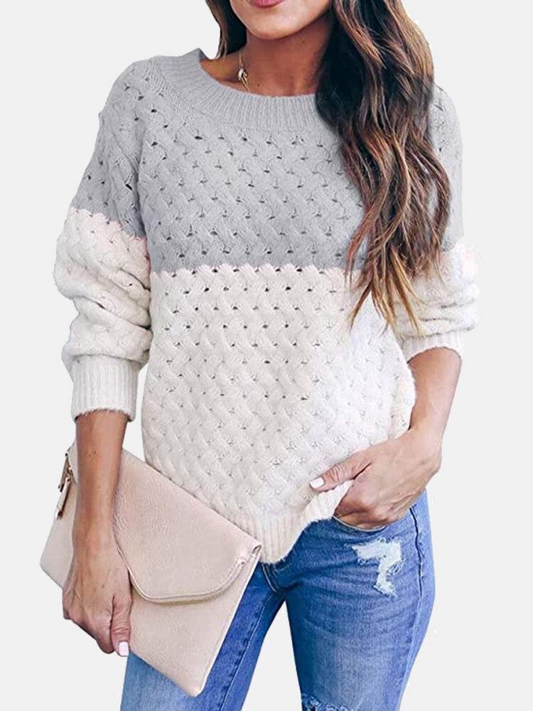 Women Colorblock Knitting Hollow Out Casual Long Sleeve Sweater - Trendha