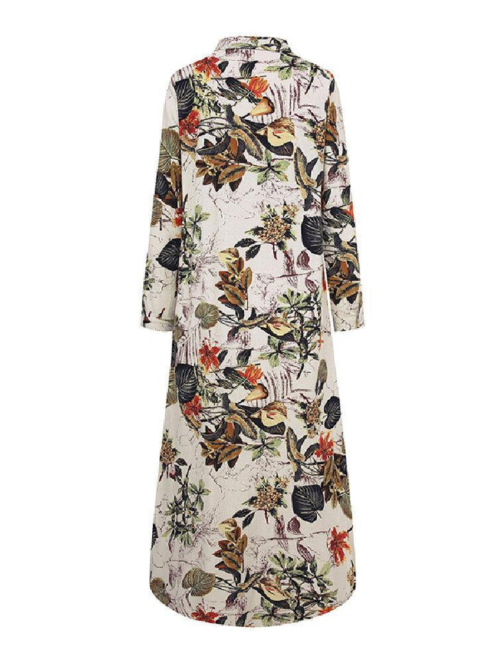 Women Cotton Flower Print Loose Casual Maxi Shirts Dress with Front Pockets - Trendha