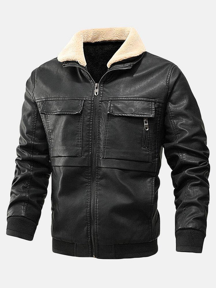 Mens PU Leather Thicken Zip Front Lapel Collar Jackets With Flap Pockets - Trendha
