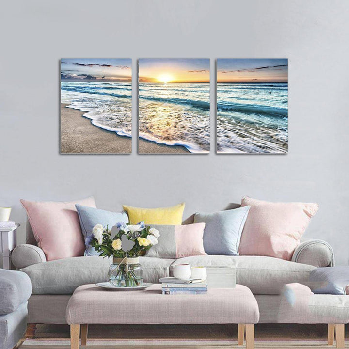 Beach Canvas Wall Art Sunset Sand Ocean Sea Wave 3 Panel Home Picture Decor Paintings - Trendha