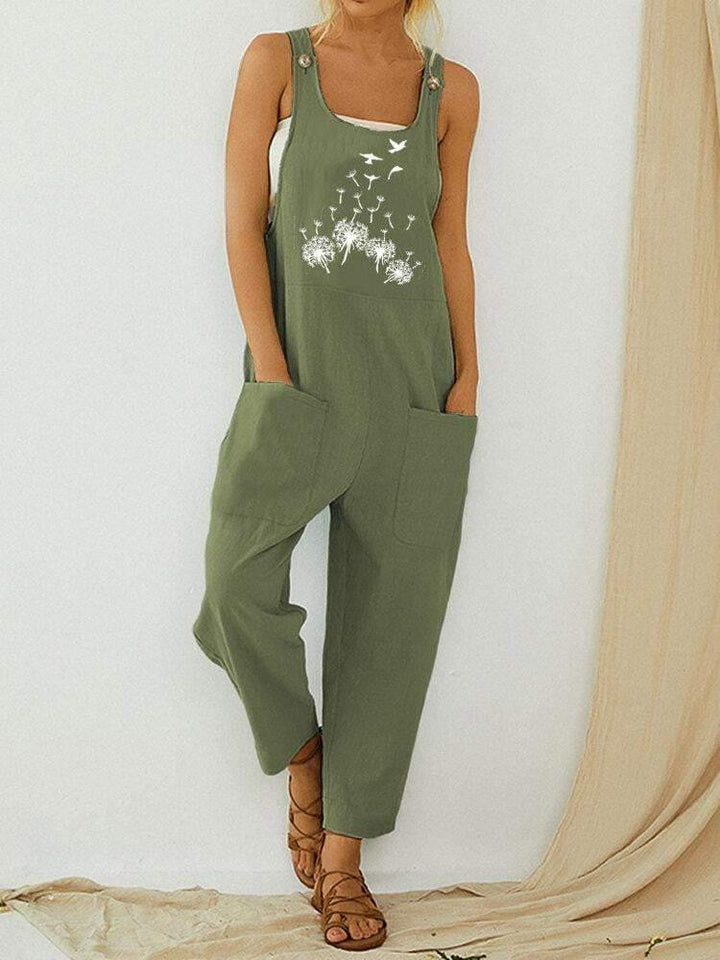 Casual Flower Birds Print Sleeveless Jumpsuit Pocket Overalls For Women - Trendha