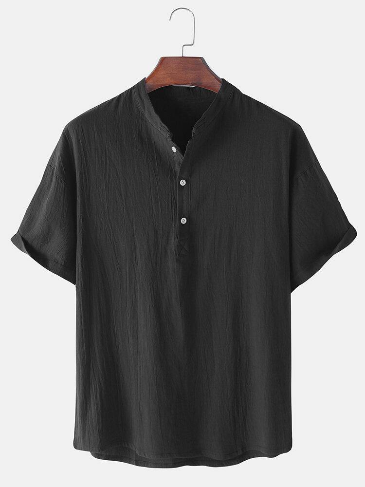 Mens Solid Color Stand Collar Short Sleeve Simple Henley Shirts - Trendha