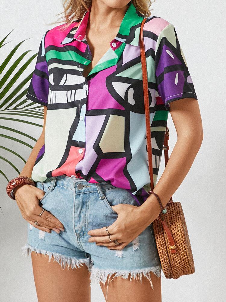 Abstract Pattern Print Lapel Short Sleeve Button Blouse For Women - Trendha