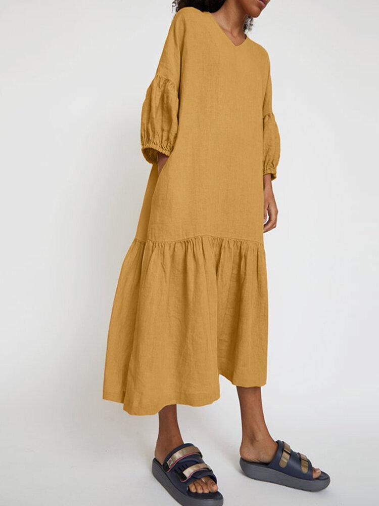 Women 100% Cotton V-Neck Puff Sleeve Stylish Solid Color Drop Shoulder Ruffle Hem Midi Dress - Trendha
