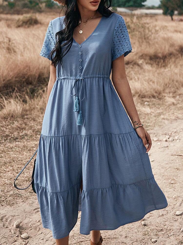 Solid Color Button Drawstring Short Sleeve V-neck Stitching Casual Dress - Trendha