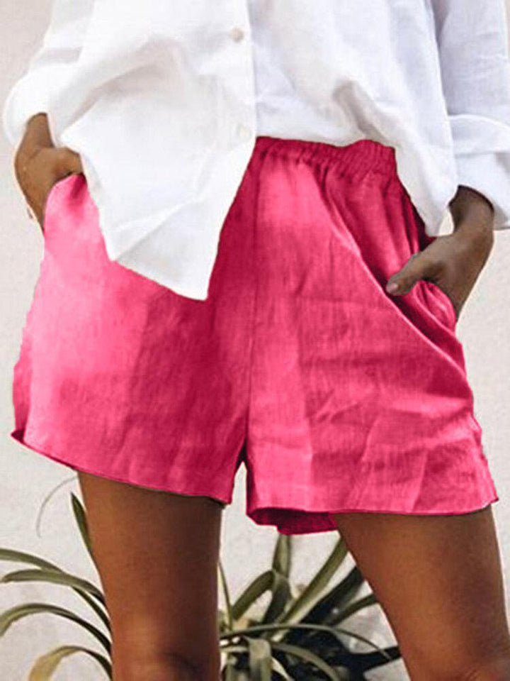 Women Cotton Solid Color Elastic Waist Shorts - Trendha