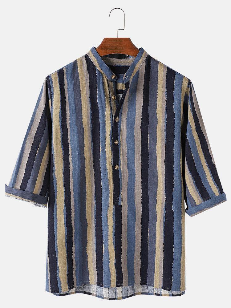 Mens Colorful Stripe Print Cotton Breathable Half Sleeve Henley Shirts - Trendha