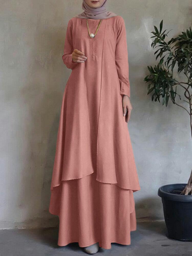 Bohemian Double-Layer O-Neck Abaya Kaftan Dress for Women in Solid Color - Trendha