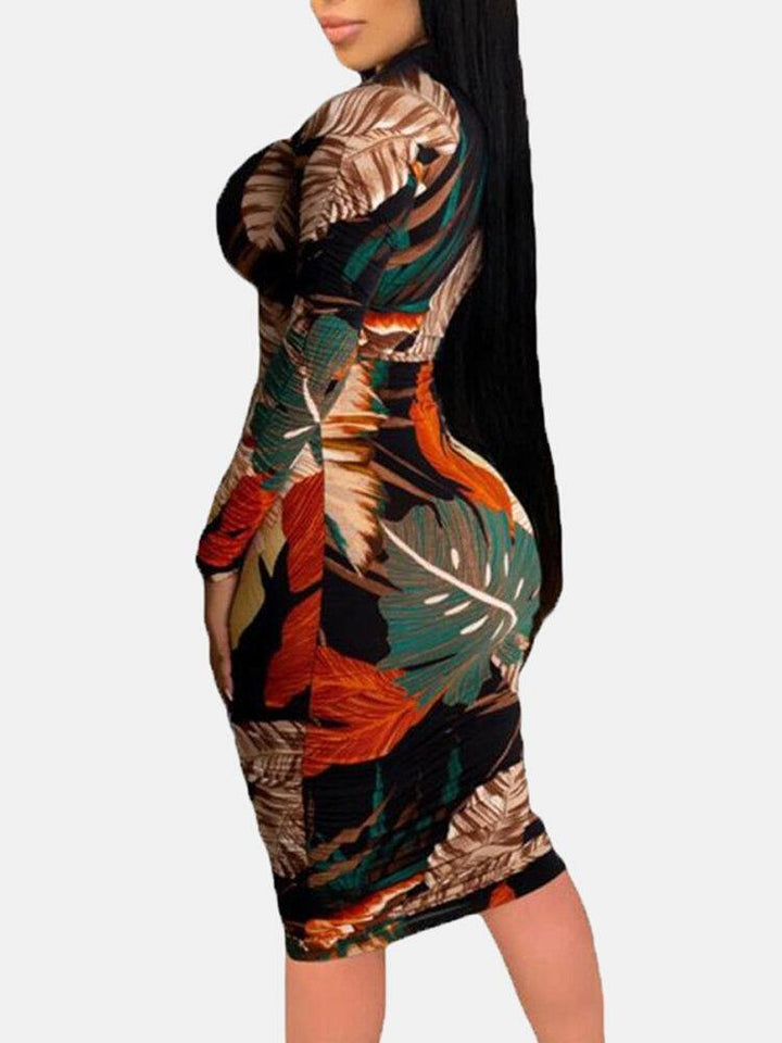 Women Plant Leaves Print Long Sleeve Zipper Elegant Midi Dress - Trendha