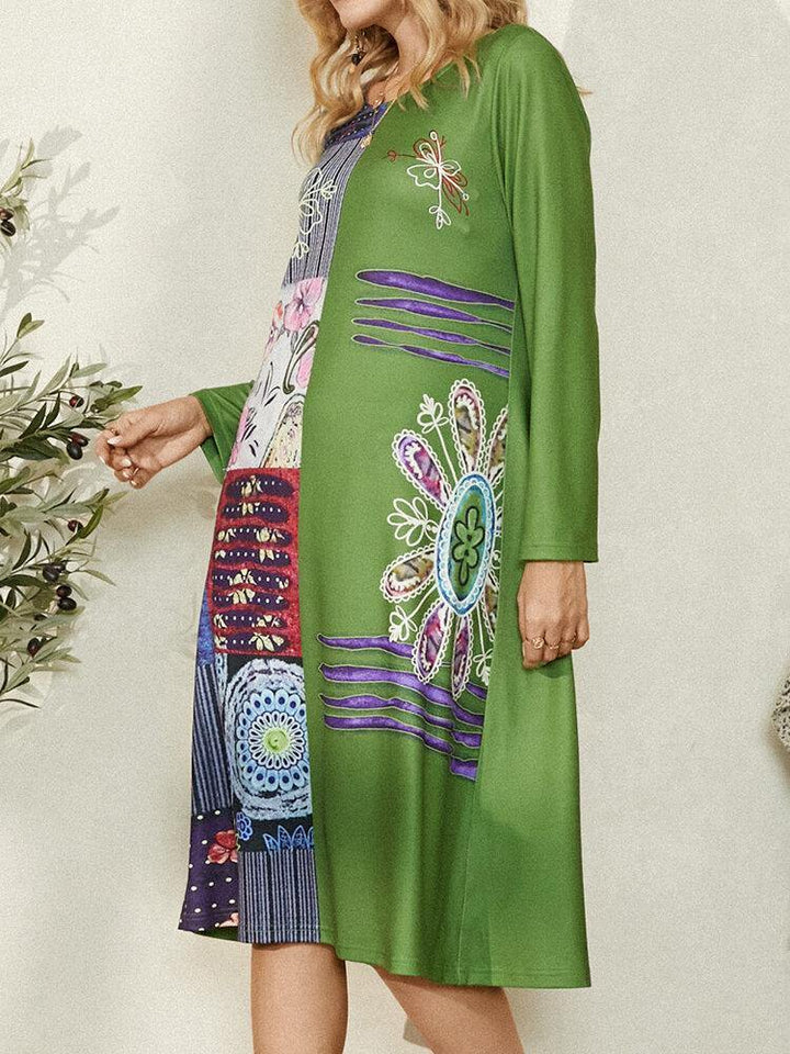 Ethnic Floral Print O-Neck Long Sleeve Vintage Midi Dress For Women - Trendha