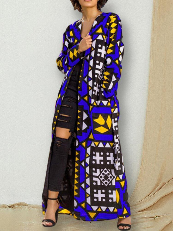 Women Vintage Geometric Printed Casual Long Ethnic Coat With Belt - Trendha