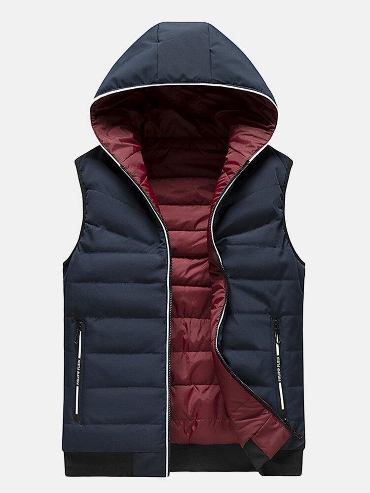 Mens Solid Color Zipper Windproof Warm Reversible Hooded Padded Gilet With Pocket - Trendha