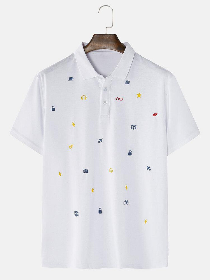 100% Cotton Mens Simple Cartoon Embroidery Short Sleeve White Casual Golf Shirts - Trendha