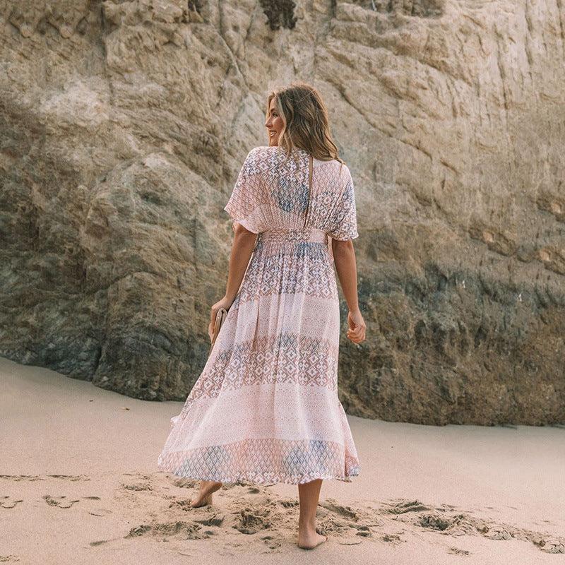 Women's Flowers Printed Dress Bohemian Irregular Beach Clothes - Trendha