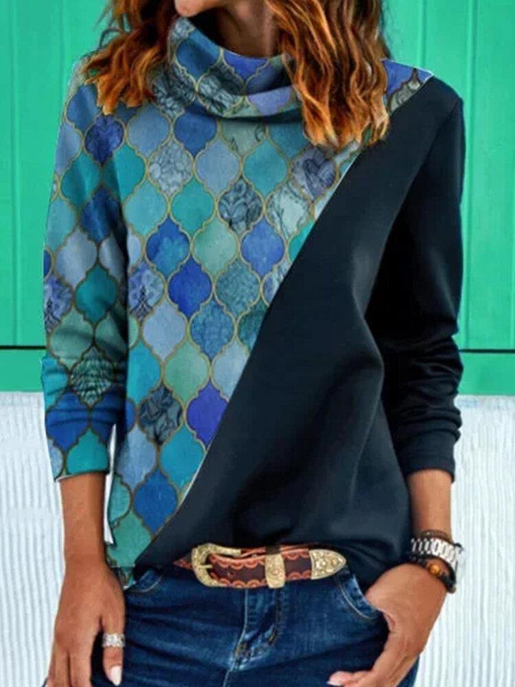 Women Geometry Graphic Patchwork Ethnic Style Heaps Collar Sweatshirts - Trendha