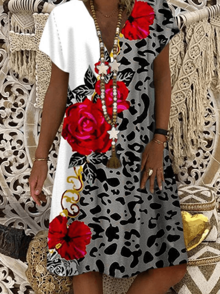 Women Leopard Floral Print V-Neck Casual Short Sleeve Dress - Trendha