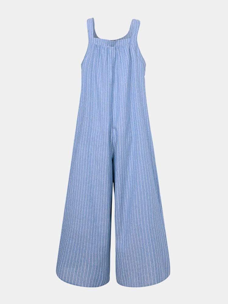 Striped Strap Pockets Simple Causal Wide Leg Jumpsuit For Women - Trendha