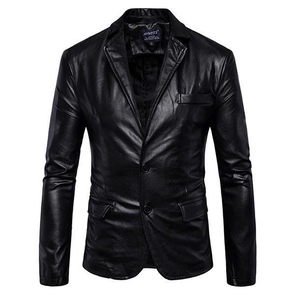 Mens Lapel Collar Slim Fit Black Fashion Faux Leather Jacket - Trendha