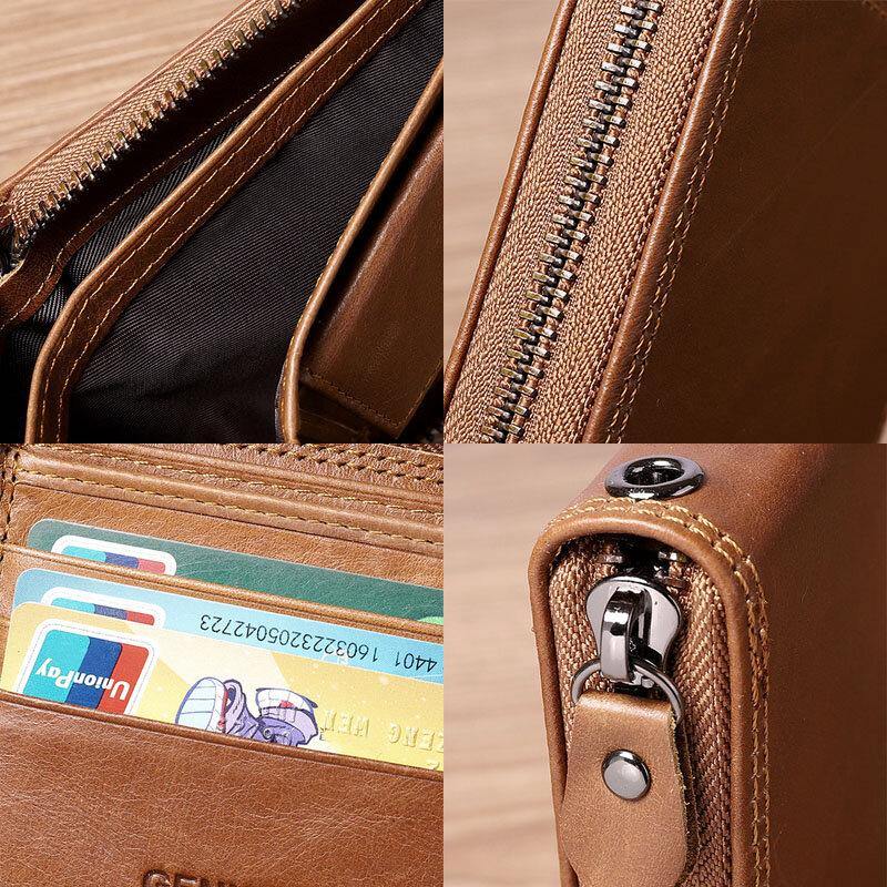 Men Genuine Leather Chain RFID Blocking Anti-theft Zipper Multi-slot Card Holder Wallet - Trendha
