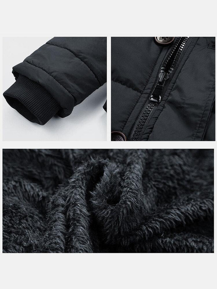Mens Warm Detachable Faux Fur Collar Hooded Thicken Fleece Lined Coats - Trendha