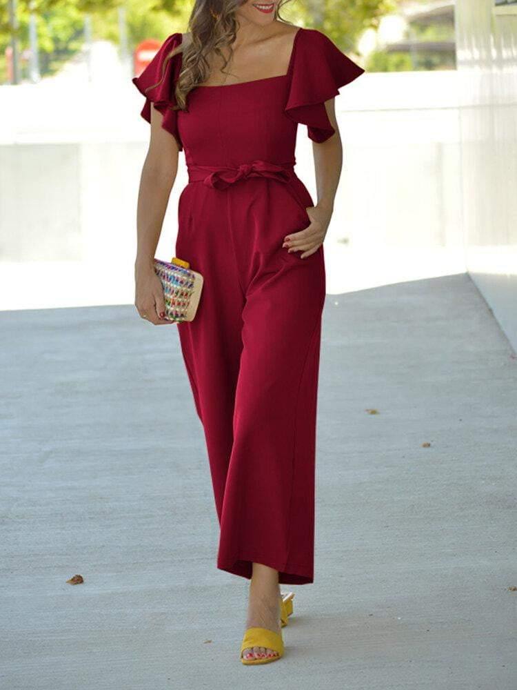 Puff Sleeve Solid Square Neck Splicing Summer Jumpsuits For Women - Trendha