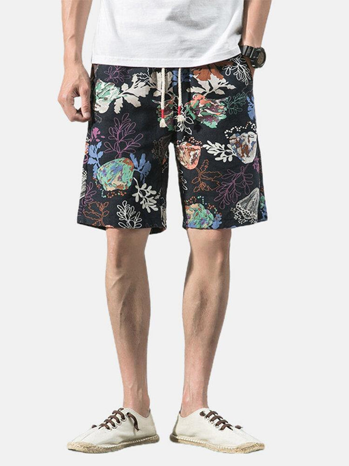 Cotton Mens Floral Print Pocket Drawstring Casual Shorts - Trendha
