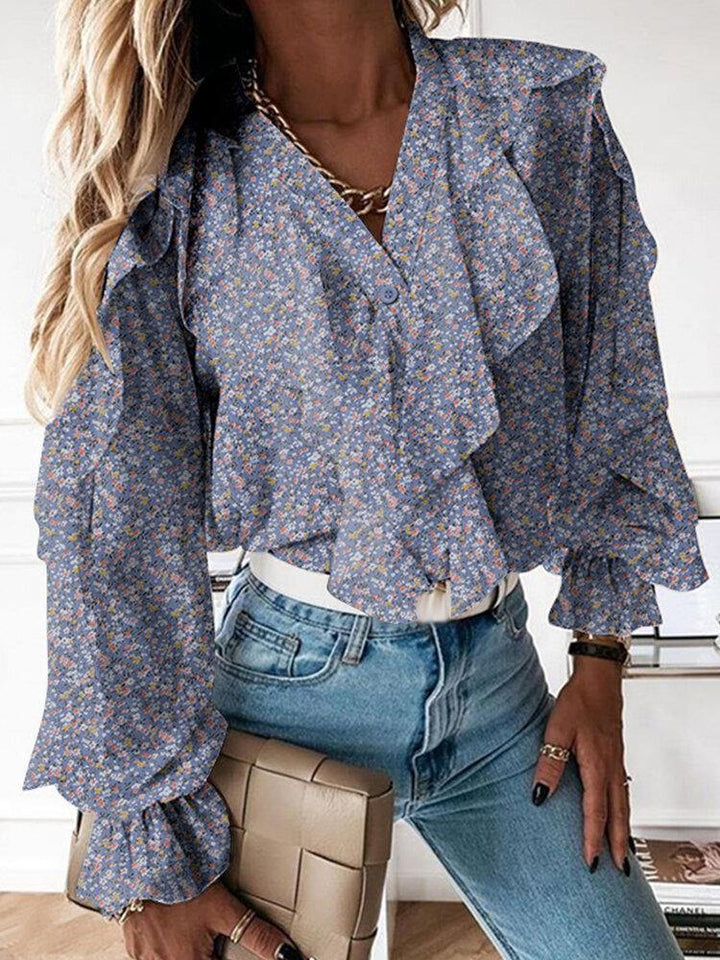 Ditsy Floral Print V-Neck Casual Flounce Sleeve Button Casual Blouses For Women - Trendha