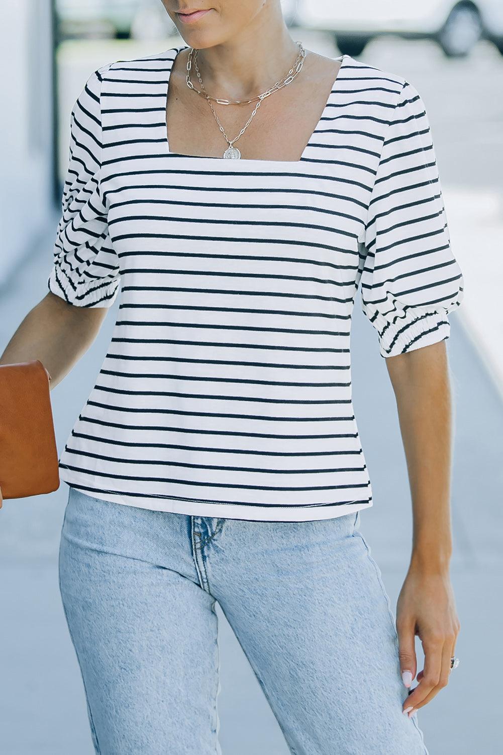 Striped Half Puff Sleeve Square Neck T-Shirt - Trendha