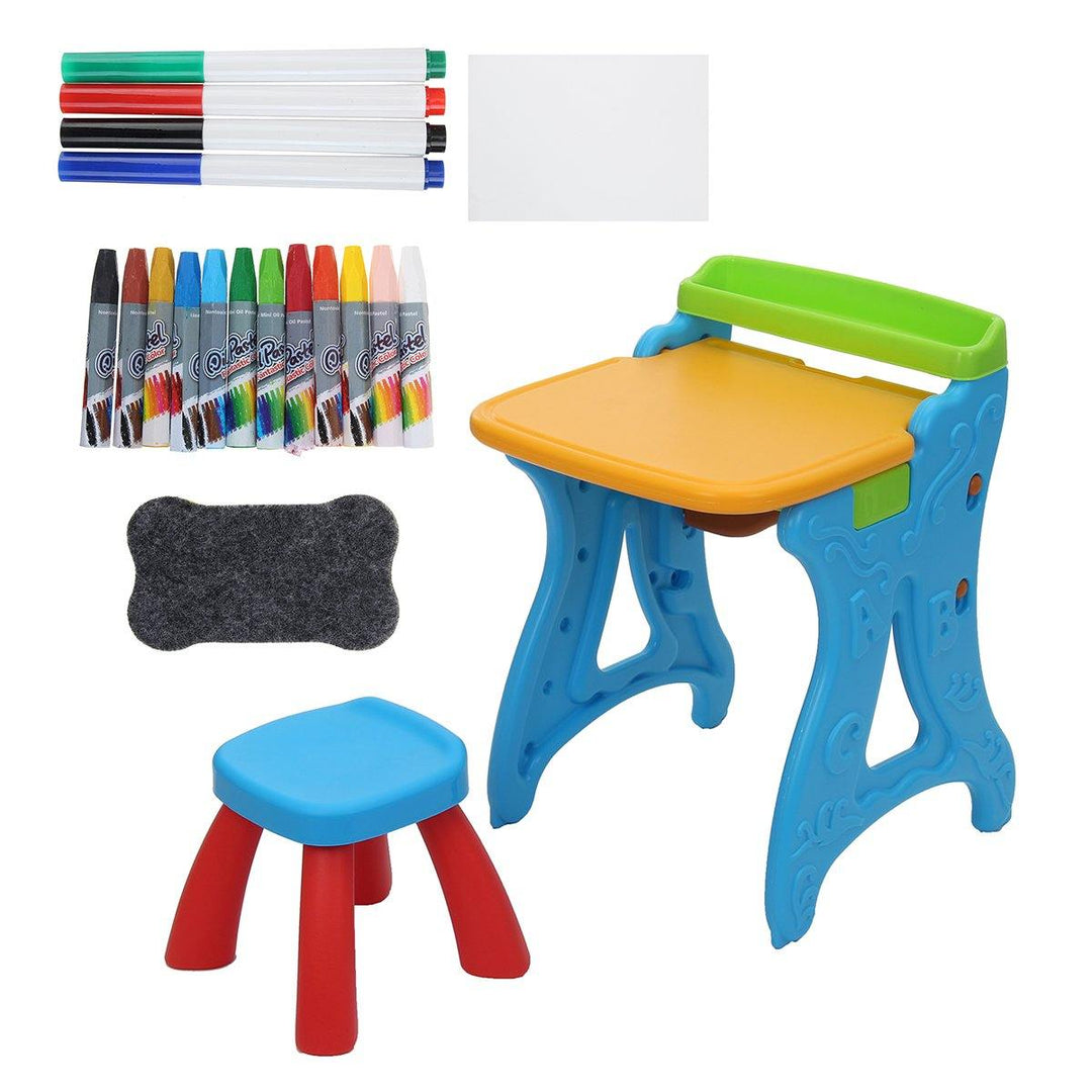 2 in 1 Folding Drawing Board Table Set with a Kid-Sized Stool Plastic Magnetic Writing White Board Ideal for Children Bedroom Play Area - Trendha
