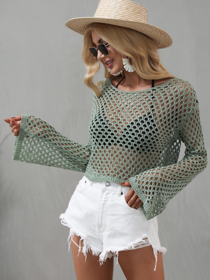 Openwork Flare Sleeve Cropped Cover Up - Trendha