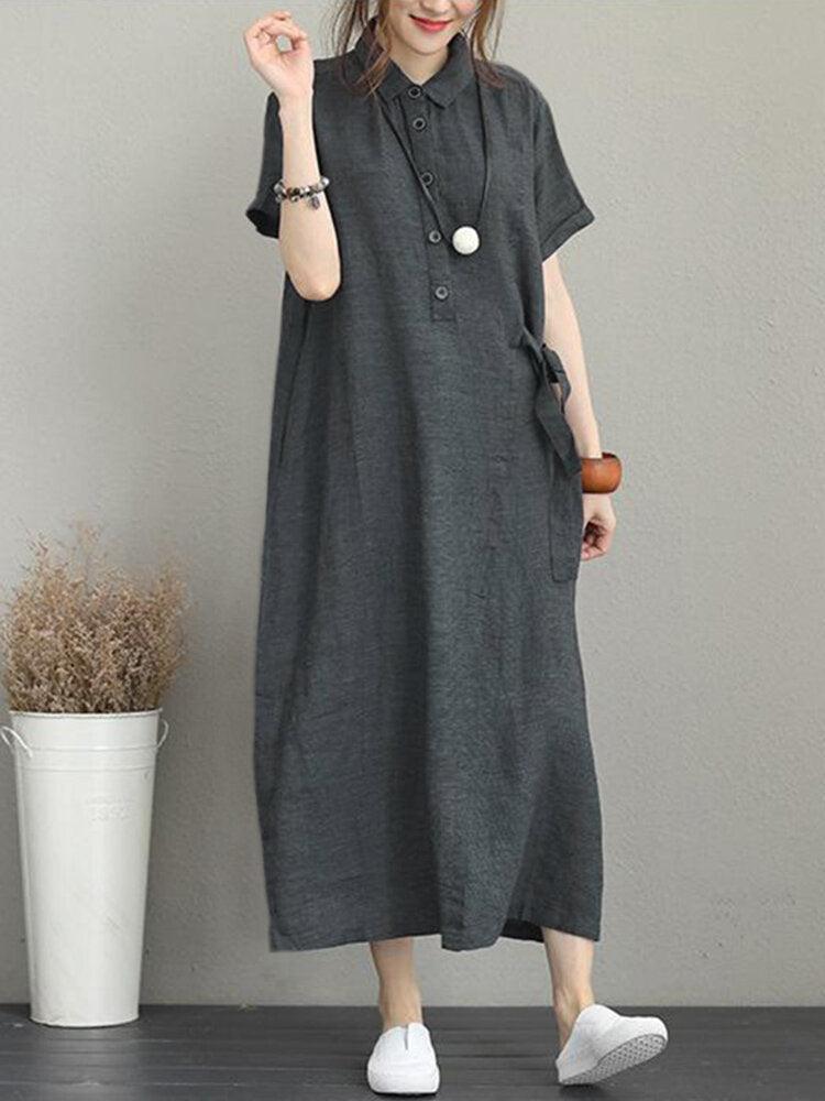 Women Casual Button Down Casual Loose Short Sleeve Dress with Pockets - Trendha