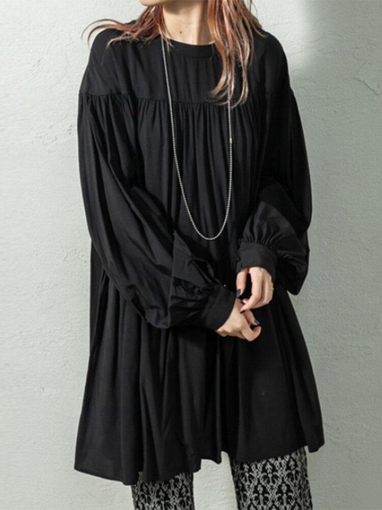 Puff Sleeve Stand Collar Long Sleeve Pleated Casual Shirt Dress - Trendha