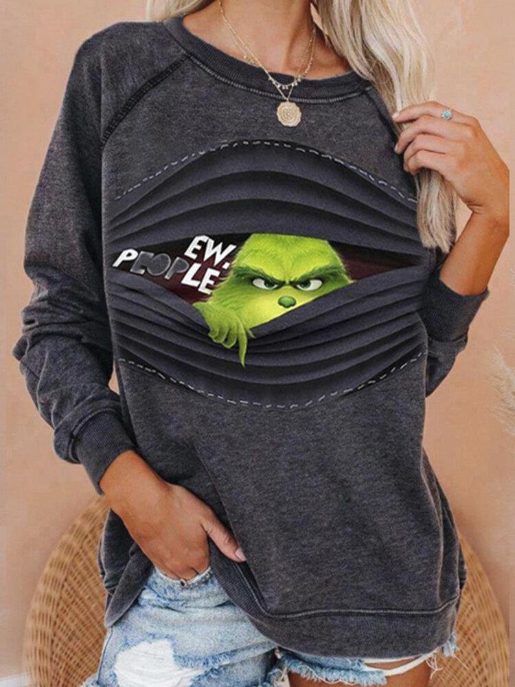 Women Funny Cartoon Print Pullover Long Sleeve Sweatshirts - Trendha