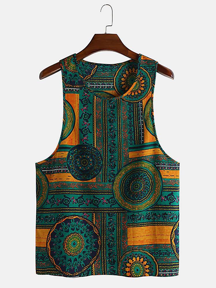 Mens 100% Cotton Summer Ethnic Floral Printed Sleeveless Casual Vest - Trendha