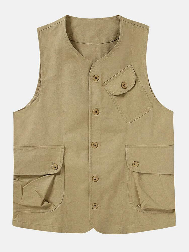 Mens Solid Color Multi Pocket Button Up Sleeveless Outdoor Vests - Trendha