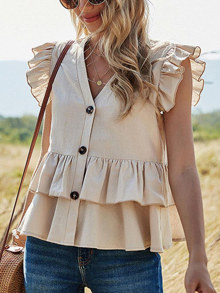 Solid Color Button Ruffle Sleeveless V-neck Patchwork Blouse For Women - Trendha