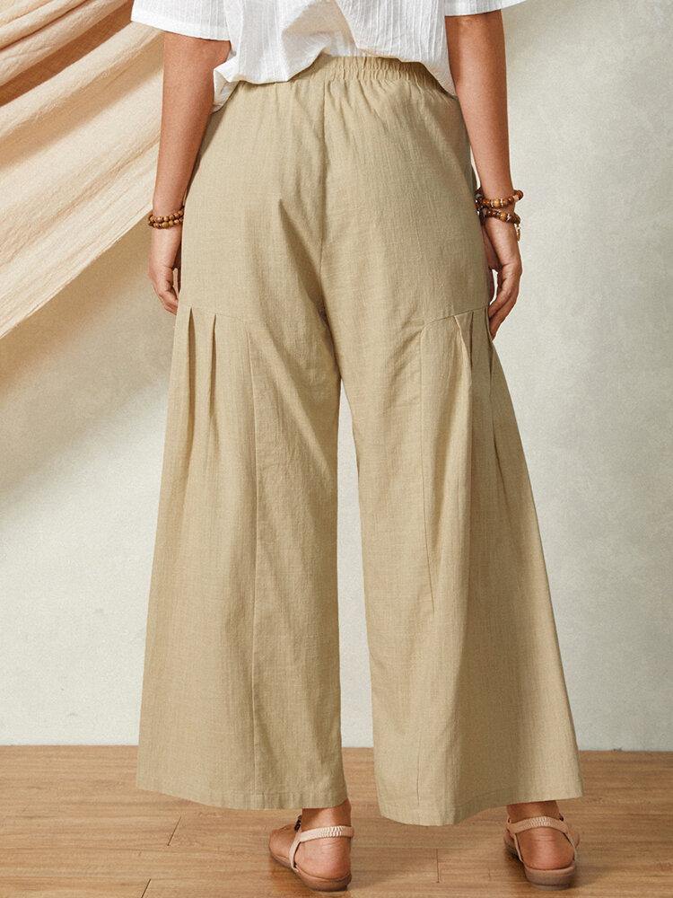 Solid Color Pocket Elastic Waist Casual Cotton Flare Leg Women Pants - Trendha