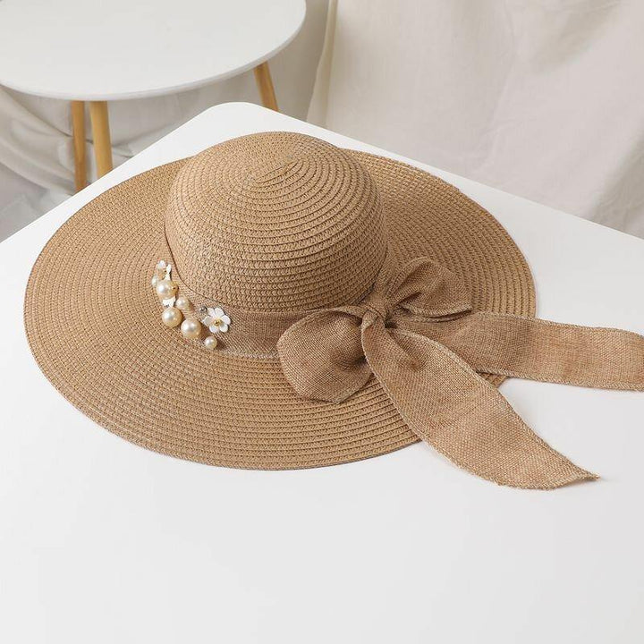 Women Straw Solid Color Elegant Big Brim Pearl Bowknot Wavy Edge Visor Sun Hat Beach Hat Bucket Hat - Trendha