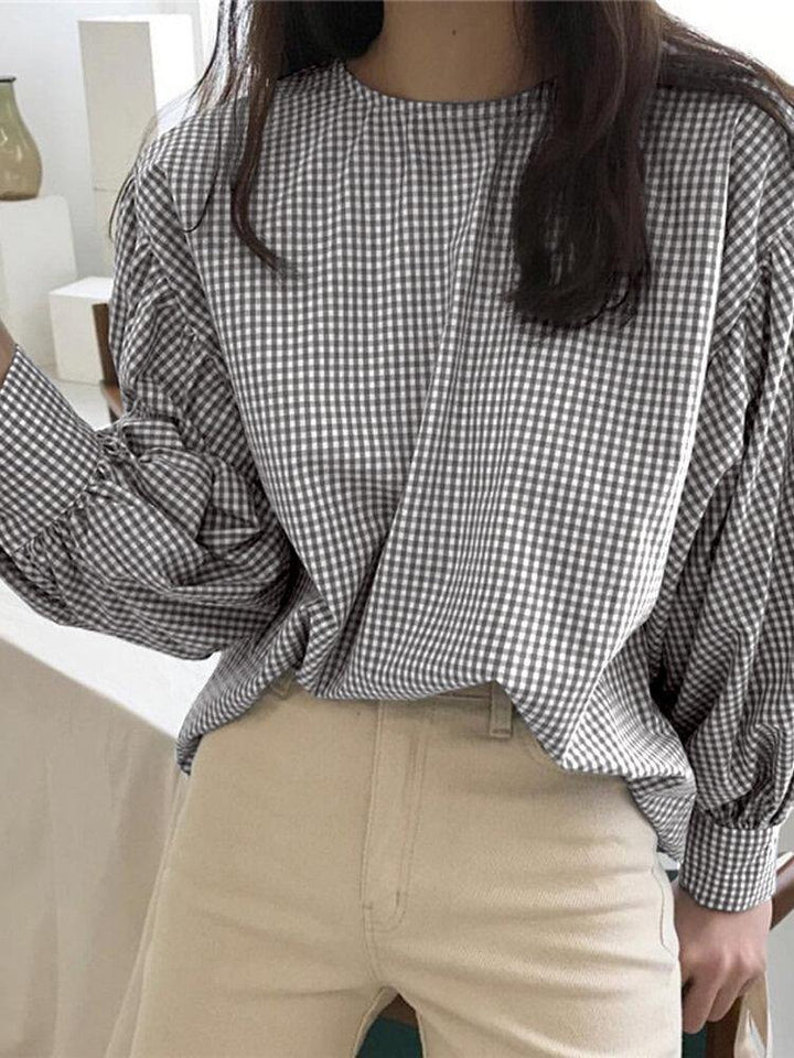 Puff Sleeve O-Neck Plaid Casual Loose Blouse For Women - Trendha
