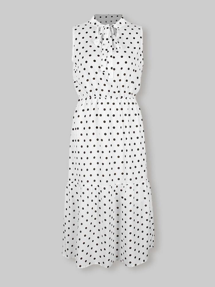 Polka Dot Print V-neck Sleeveless Knotted Pleated Dress For Women - Trendha