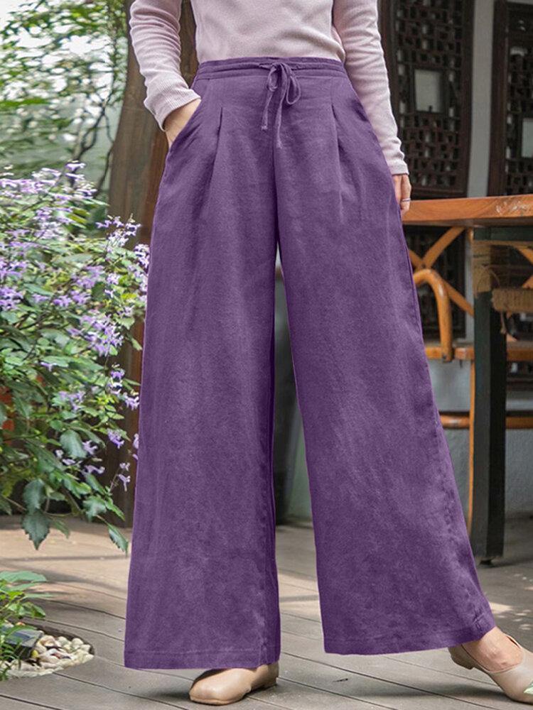 Women Solid Color Pleated Casual Drawstring Wide Leg Pants With Pocket - Trendha