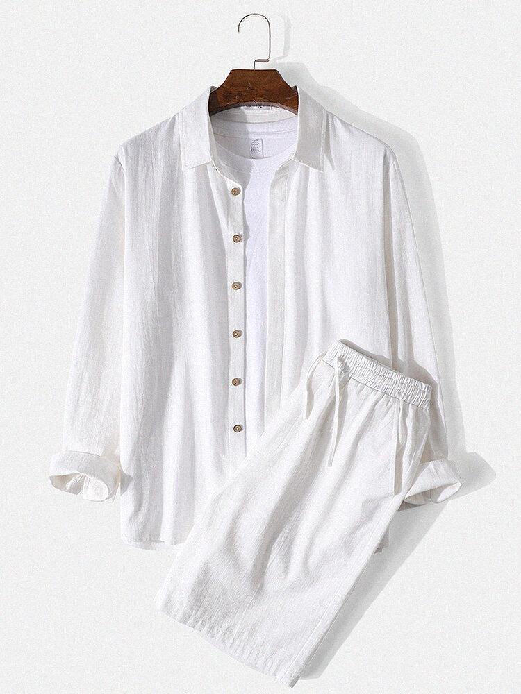 Mens 100% Cotton Solid Color Shirt Drawstring Pocket Shorts Casual Two Piece Sets - Trendha