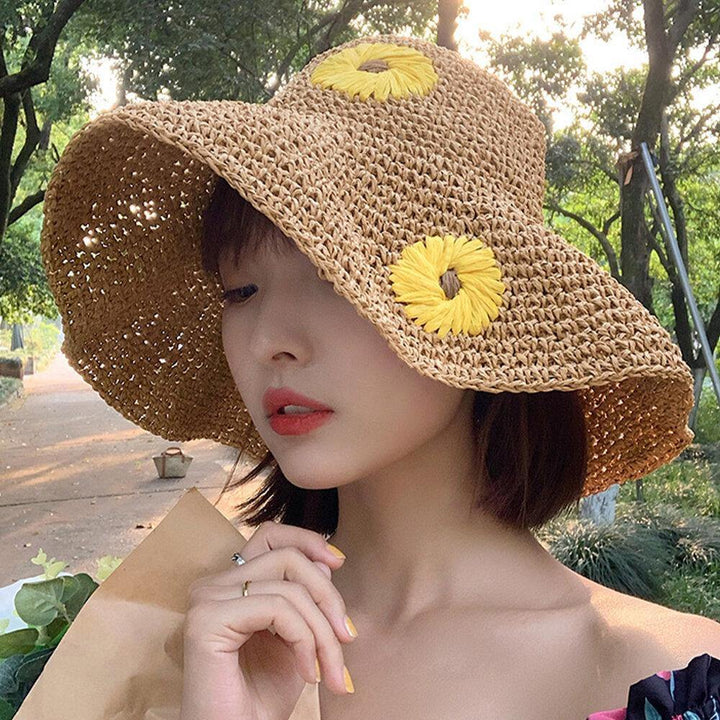Women Straw Floral Solid Color Elegant Sunflower Big Brim Visor Sun Protection Hat Beach Hat Bucket Hat - Trendha
