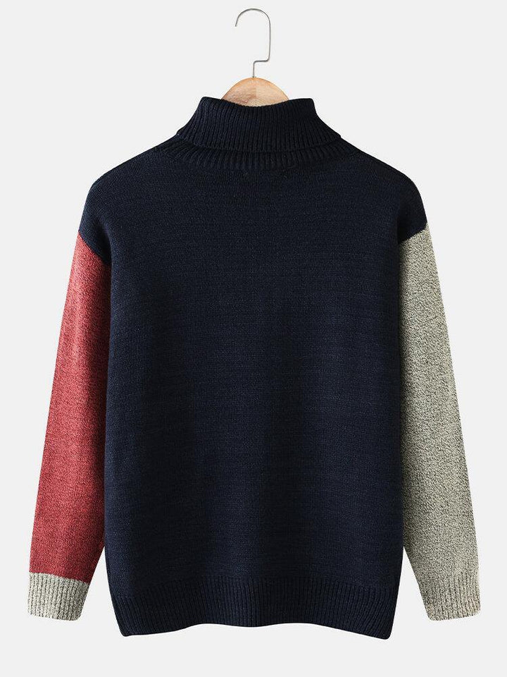 Mens Color Block Turtleneck Knit Rib Casual Pullover Sweaters - Trendha